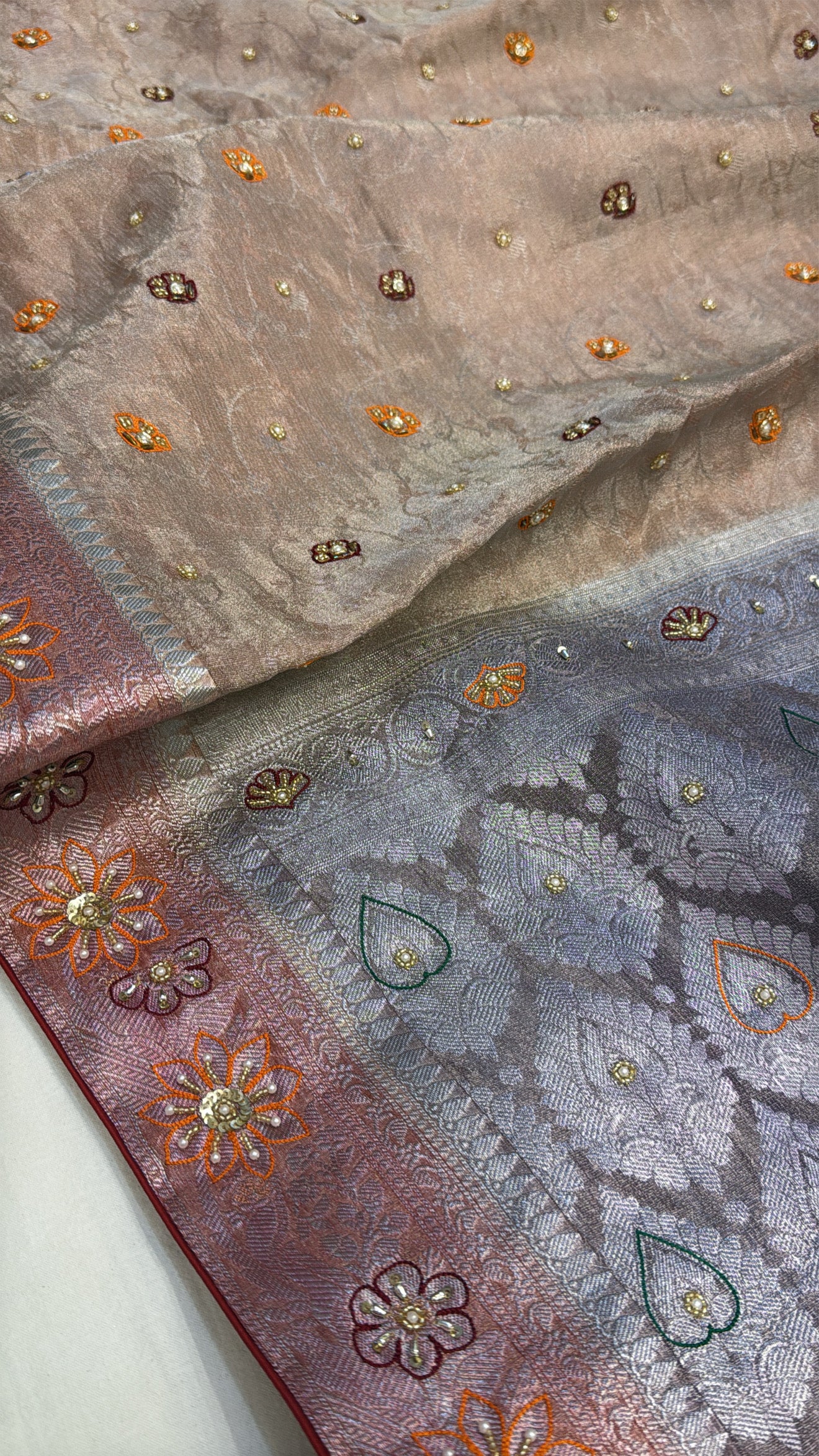 Dusty lilac tissue brocade shreenathji motif hand embroidered kadhwa saree
